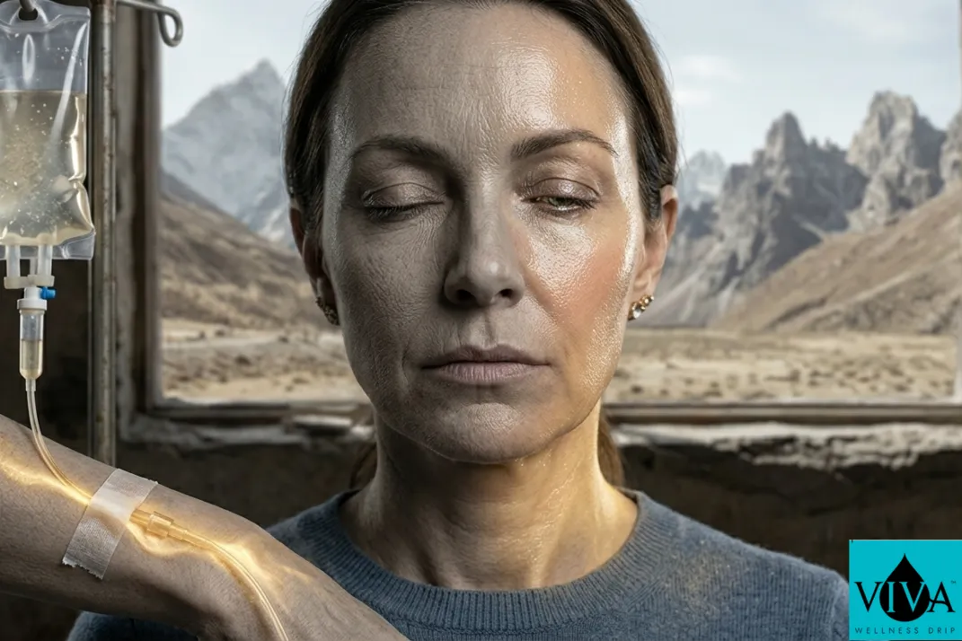 Infographic comparing oral vs IV rehydration speed and cellular saturation in high-altitude climates.