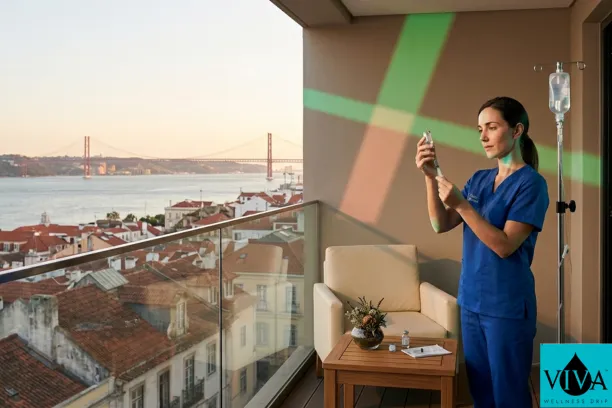 Professional mobile IV therapy setup on a sunny Lisbon balcony overlooking the Tagus River.