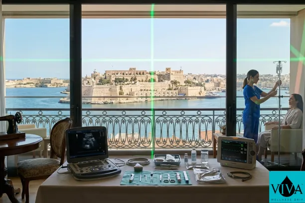 A professional mobile IV therapy setup in a historic Valletta hotel, overlooking the Grand Harbour