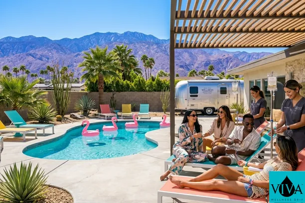 Friends receiving mobile IV drips near me at a Palm Springs Airbnb before Coachella.
