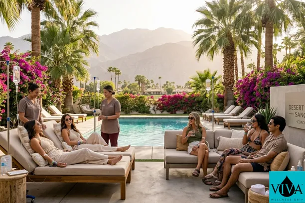 Festival visitors receiving a Palm Desert IV drip at a private villa to recover from Coachella.
