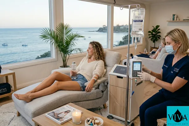 A client receiving a recovery IV drip at Viva Wellness after a festival.