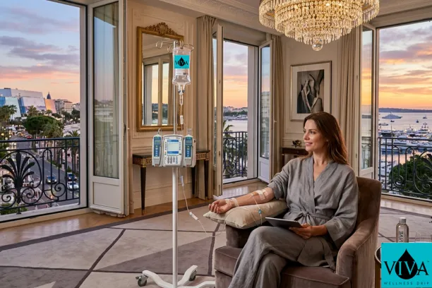 IV drip Cannes, France session in a luxury hotel suite during a high-profile event