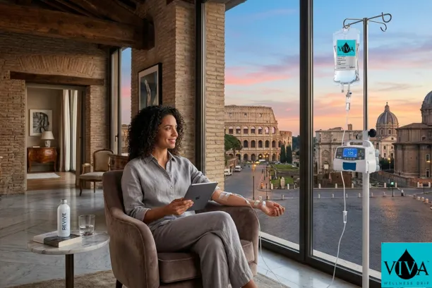 IV drip Rome, Italy service in a luxury hotel with historic city view
