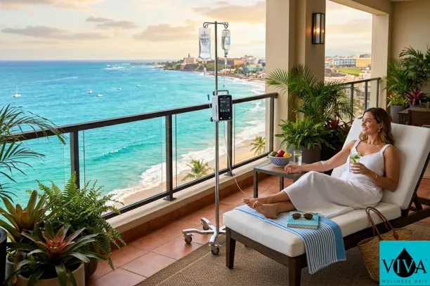 Professional mobile IV therapy setup on a sunny San Juan hotel balcony overlooking the ocean.