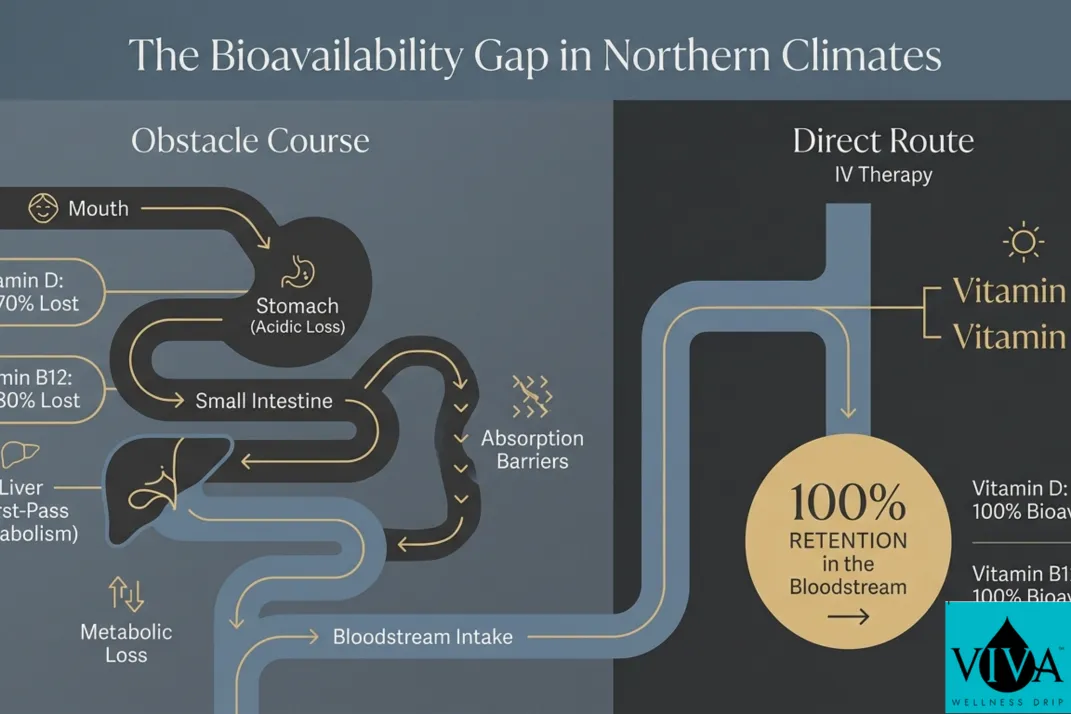 Infographic comparing 20% oral vitamin absorption vs 100% IV therapy bioavailability for Edmonton wellness.