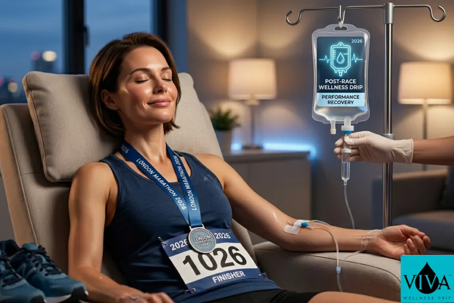 London Marathon 2026 finisher receiving post-race IV hydration therapy for muscle recovery at Viva Wellness.