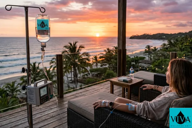 Luxury IV Drip Santa Teresa Costa Rica setup with a view of the Pacific Ocean for surfer recovery