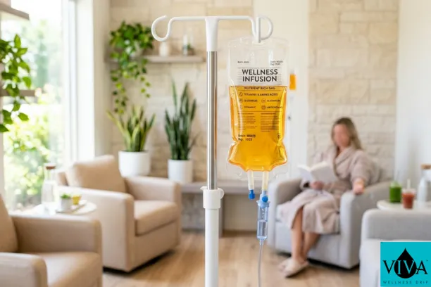 Premium IV nutrient therapy bag at Viva Wellness Drip lounge for cellular hydration.
