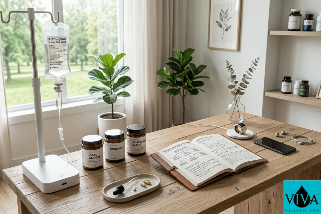 Modern wellness protocol featuring mobile iv drip therapy alongside holistic health tracking in a home setting