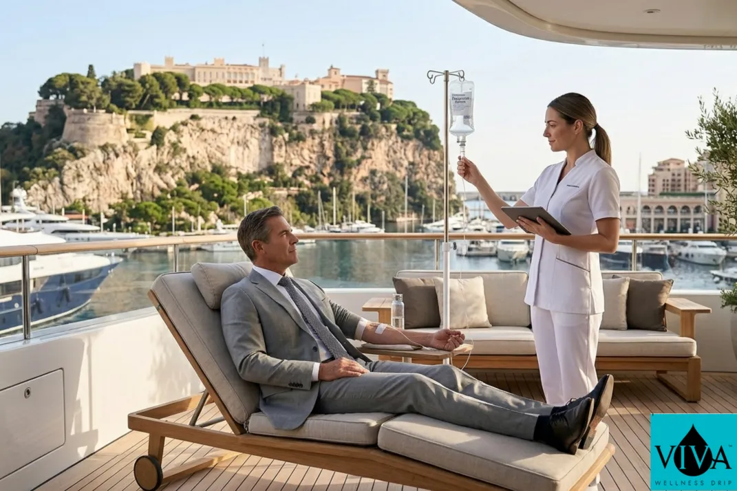 A mobile IV "High-Stakes Recovery" session on a private yacht in Monaco.
