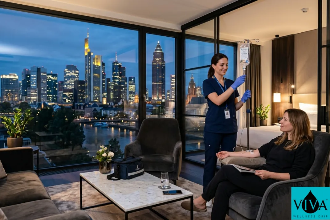 Mobile IV drip therapy session set up in a contemporary Frankfurt hotel suite near the Bankenviertel with the city's financial district skyline visible through the window