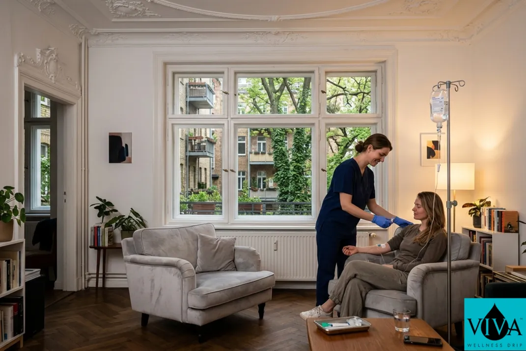 Mobile IV drip therapy session set up in a bright Berlin Altbau apartment with high ceilings and courtyard views in the Prenzlauer Berg district