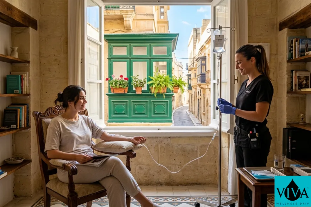 Mobile IV drip therapy session set up in a sunlit Valletta townhouse with traditional Maltese balcony in the background