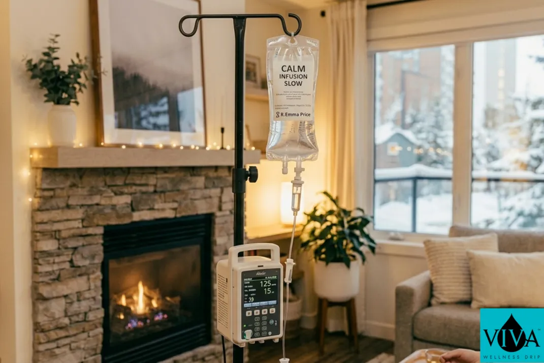 Close-up of IV drip setup in a calm Edmonton home environment, medical-grade equipment, clear infusion bag visible