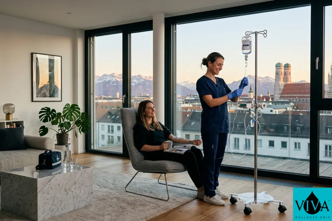 Mobile IV drip therapy session set up in a modern Munich apartment with views of the Bavarian Alps and the city's distinctive architecture