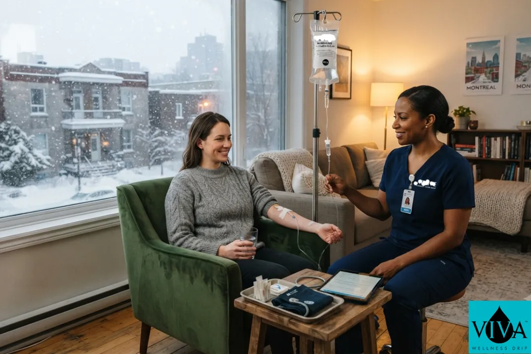 Mobile IV drip therapy session set up in a Montreal apartment during a snowy winter afternoon