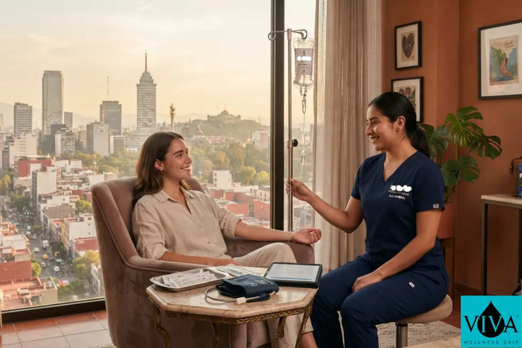 Mobile IV drip therapy session set up in a Mexico City apartment with the city skyline visible