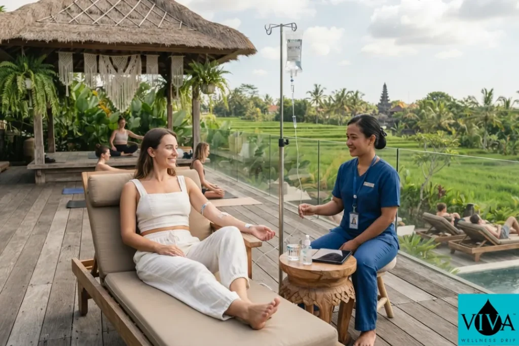 Mobile IV drip therapy administered on an open-air yoga deck in Canggu, Bali