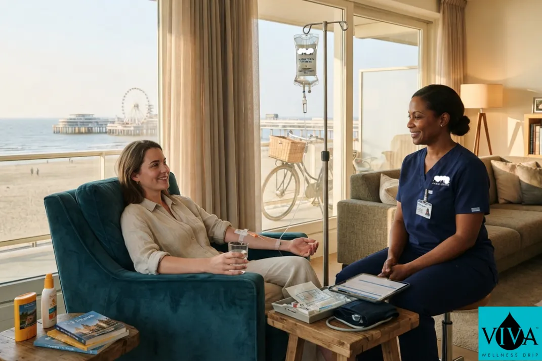 Mobile IV drip therapy session set up in a beachfront apartment near Scheveningen Pier, The Hague