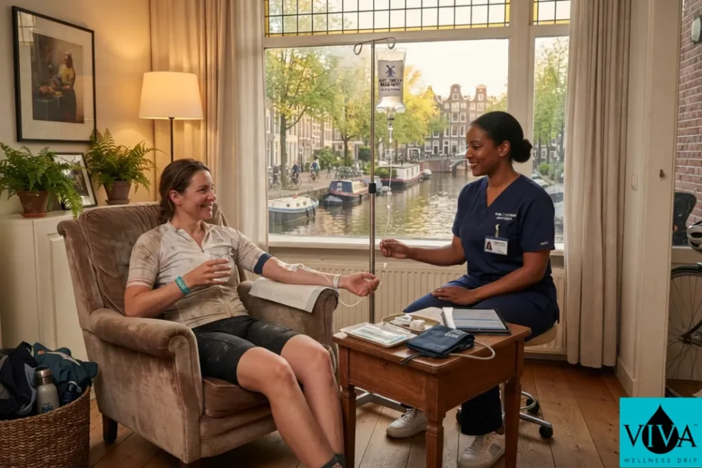 Mobile IV drip therapy session set up in a canal house apartment in Amsterdam after a day of cycling