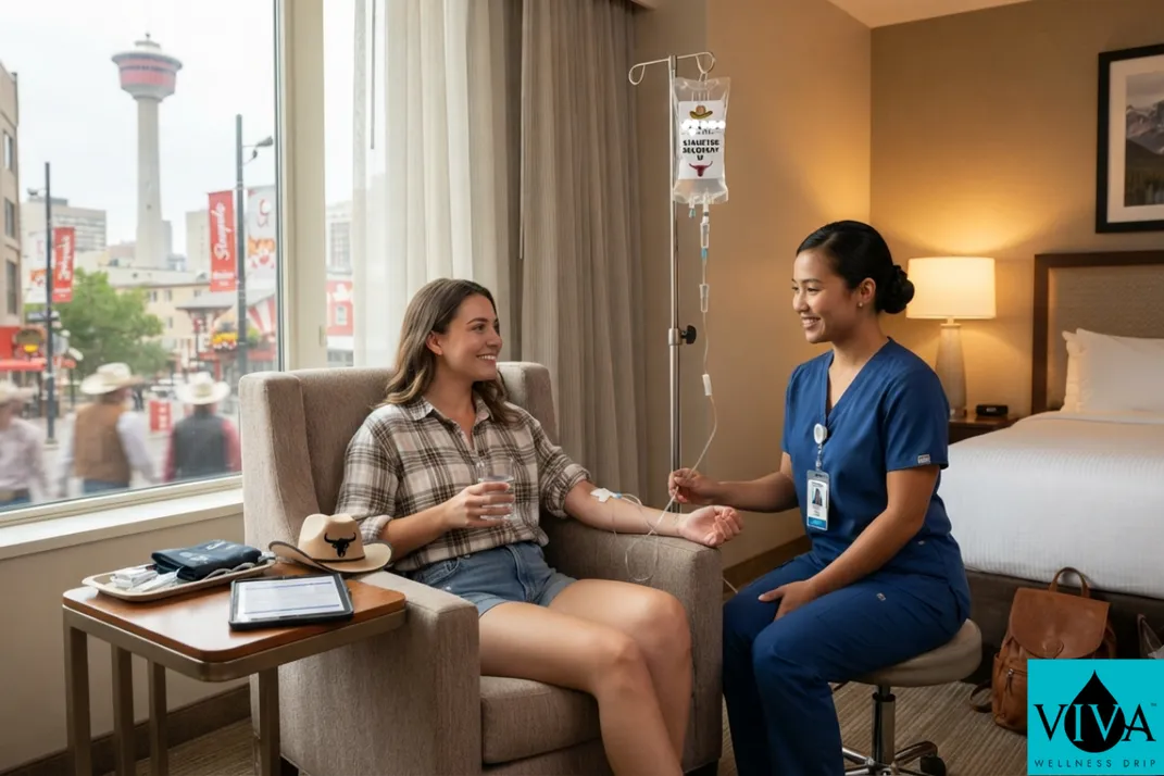 Mobile IV drip therapy session set up in a downtown Calgary hotel room during Stampede week