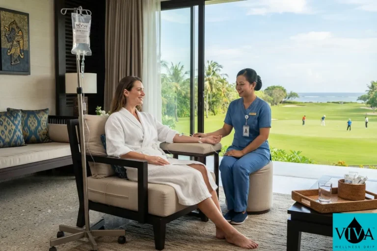 Mobile IV drip session set up in a Nusa Dua resort suite overlooking the golf course