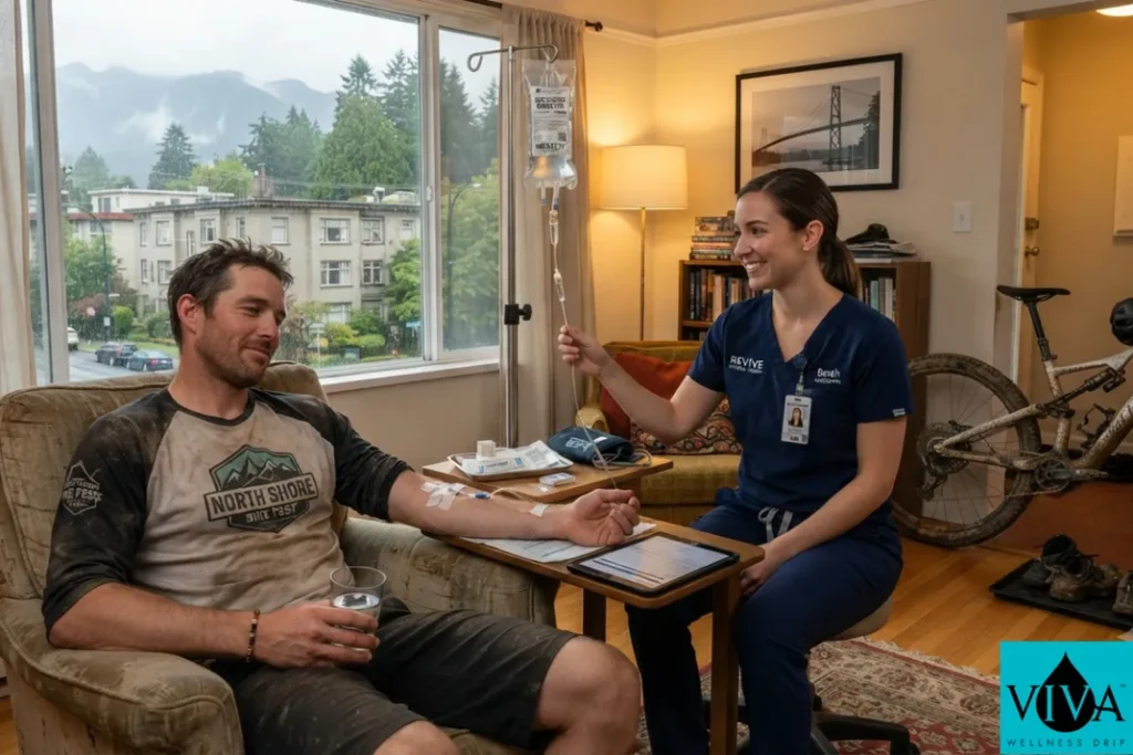 Mobile IV drip recovery session set up in a Vancouver apartment after a North Shore mountain bike ride