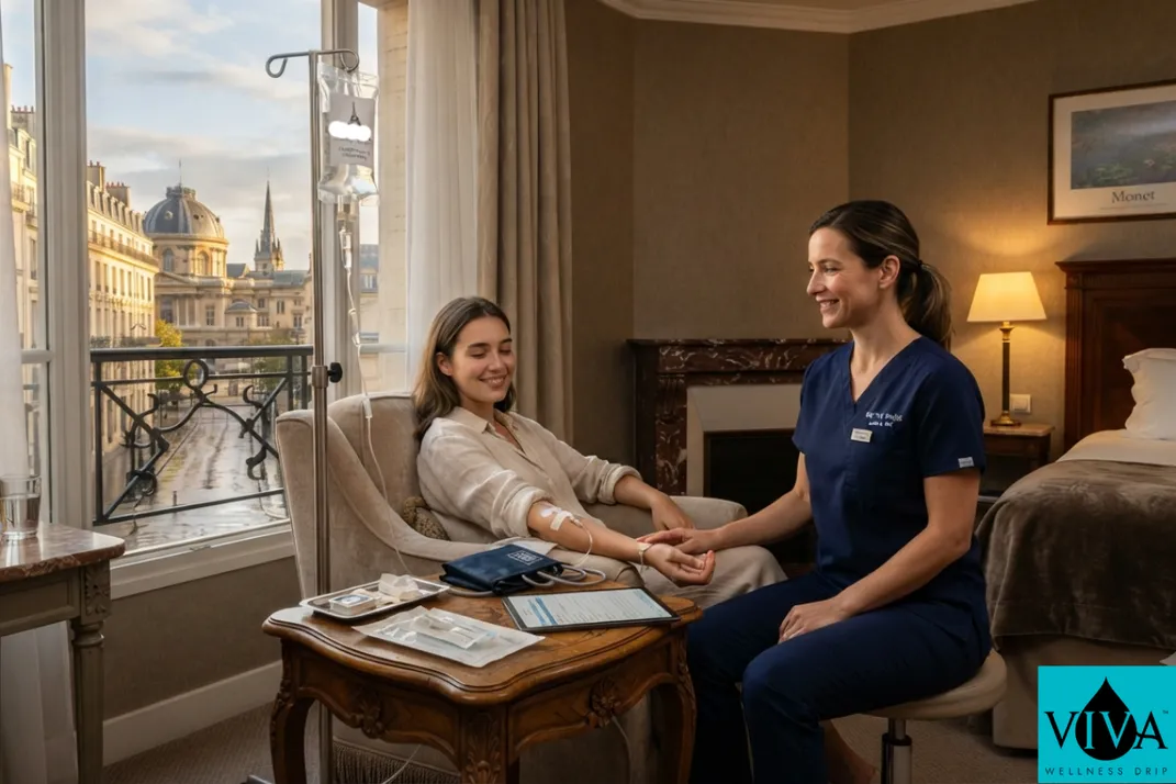 Mobile IV drip therapy session set up in a Paris hotel room near the Louvre