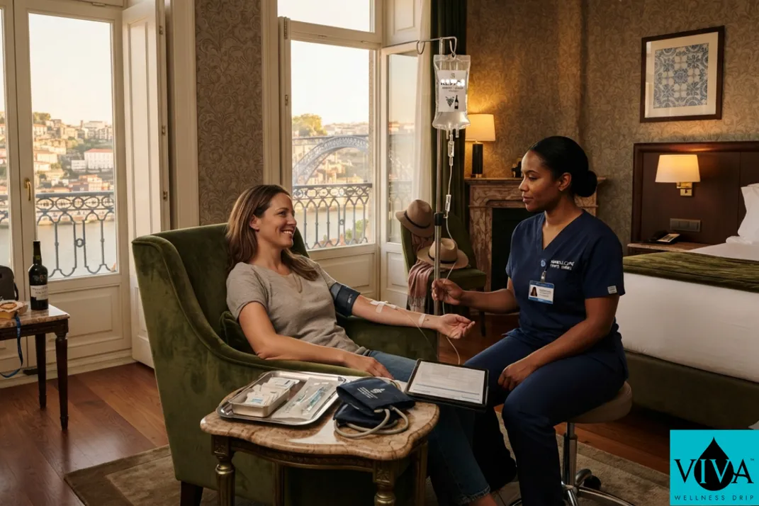 Mobile IV drip therapy session set up in a Porto hotel room after a Douro Valley wine tour