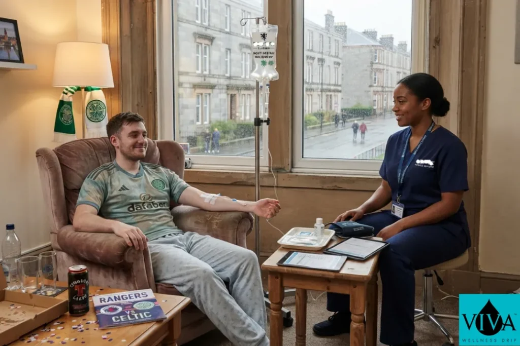 Mobile IV drip therapy session set up in a Glasgow flat the morning after a match day
