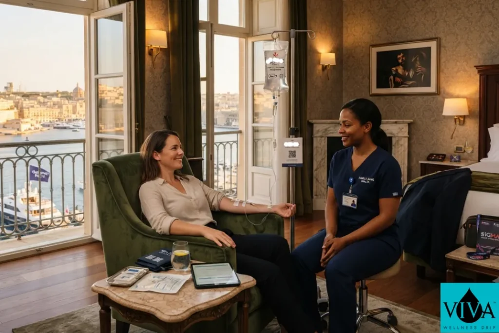 Mobile IV drip therapy session set up in a Valletta hotel suite during Malta's iGaming summit season