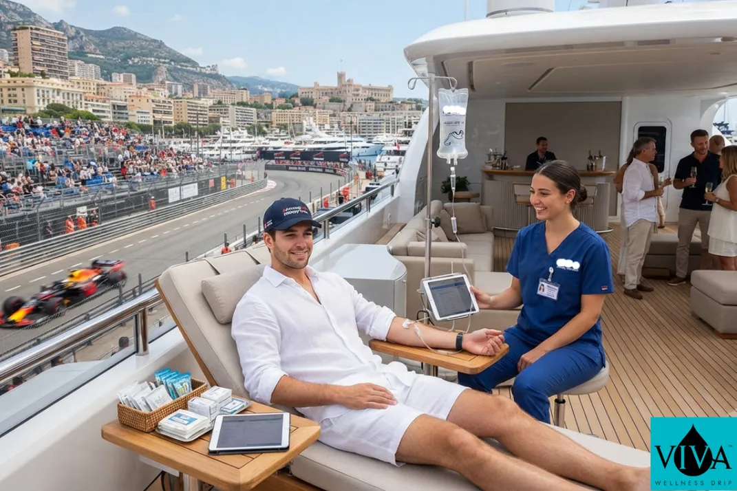 Mobile IV drip therapy session set up on a yacht terrace overlooking the Circuit de Monaco during Grand Prix weekend