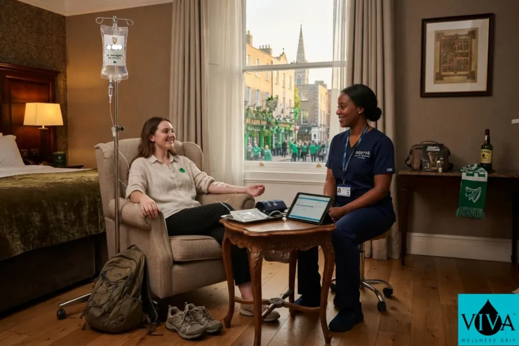 Mobile IV drip therapy session set up in a Dublin hotel room during St. Patrick's Festival week