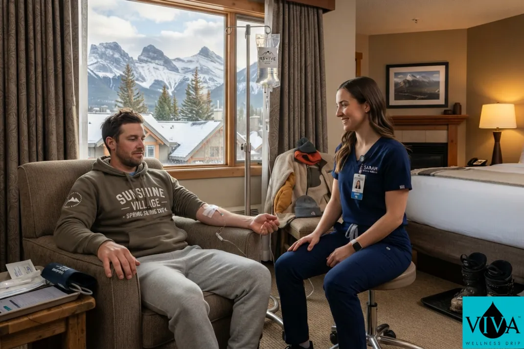 Mobile IV drip therapy session set up in a Banff hotel room after a day of skiing at Sunshine Village