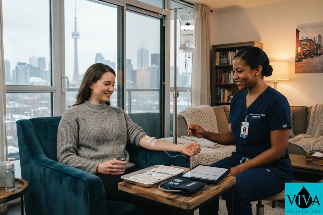 Mobile IV drip immune support session set up in a Toronto condo during flu season