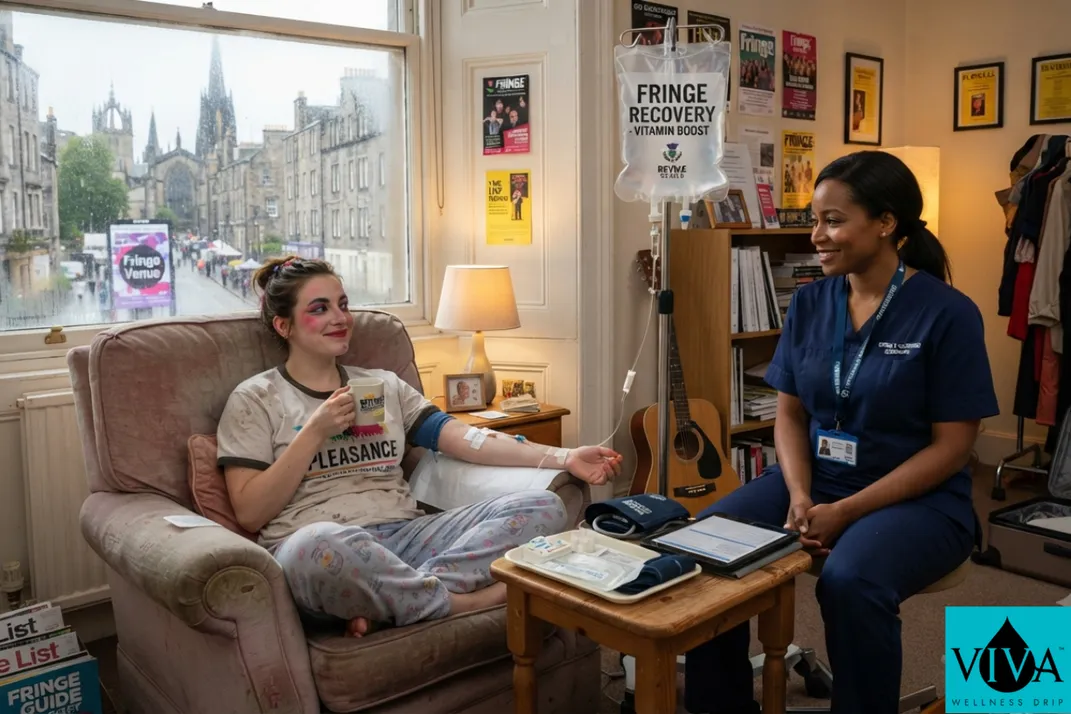 Mobile IV drip therapy session set up in a performer's flat during Edinburgh Fringe Festival