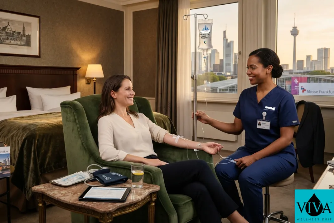 Mobile IV drip therapy session set up in a Frankfurt hotel suite during trade fair week