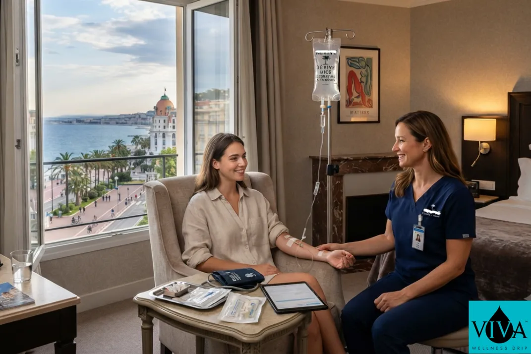 Mobile IV drip therapy session set up in a Nice hotel room overlooking the Promenade des Anglais
