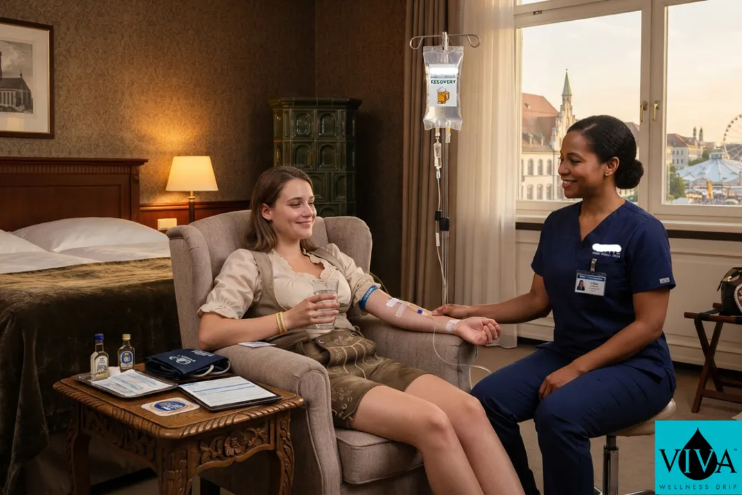 Mobile IV drip therapy session set up in a Munich hotel room during Oktoberfest