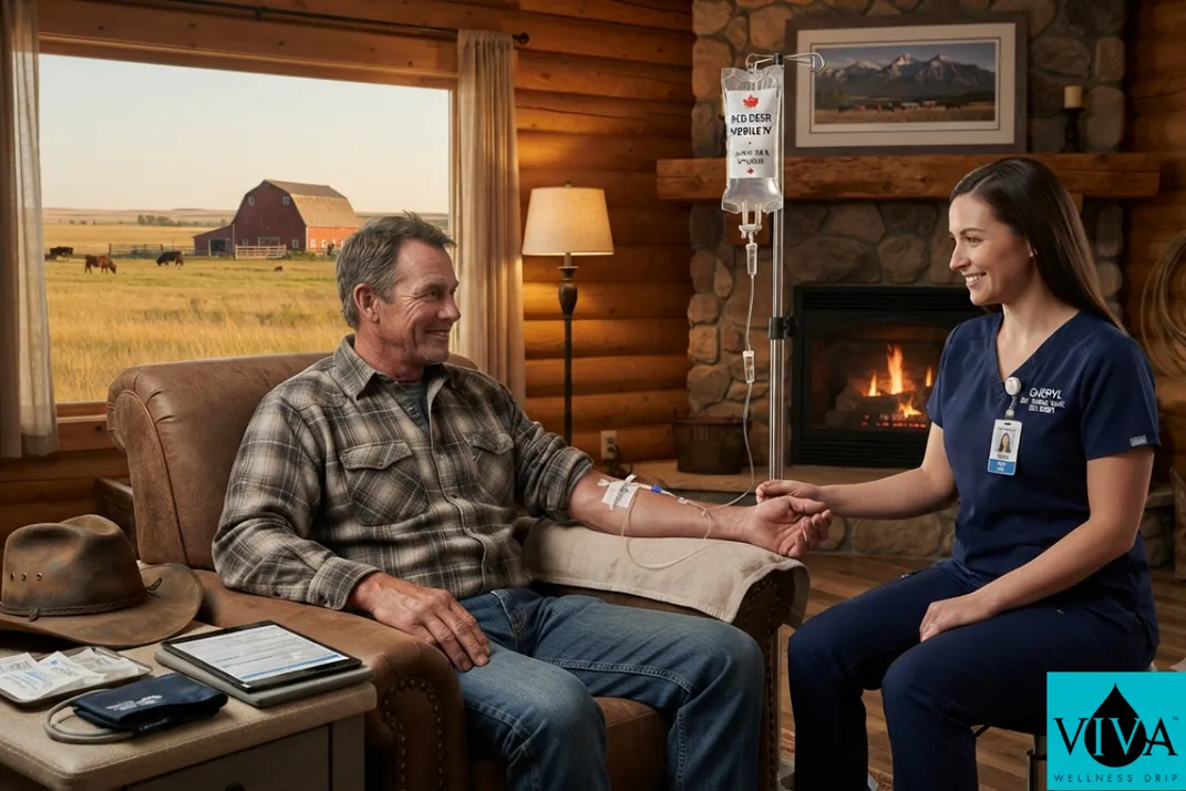 Mobile IV drip therapy session set up at a ranch property outside Red Deer, Alberta