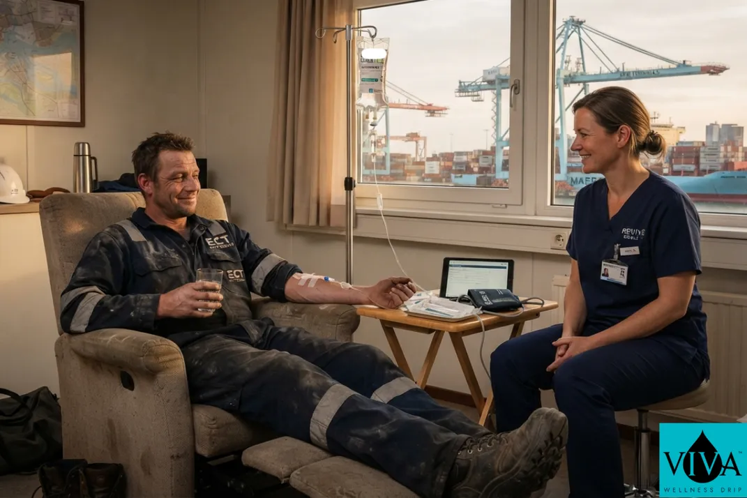 Mobile IV drip therapy session set up near Rotterdam's port area after a demanding work shift