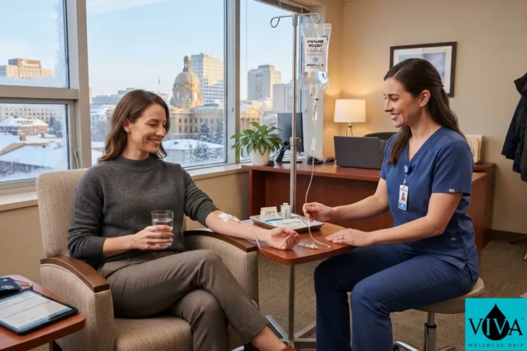 Mobile IV drip immune support session set up in a downtown Edmonton office during winter