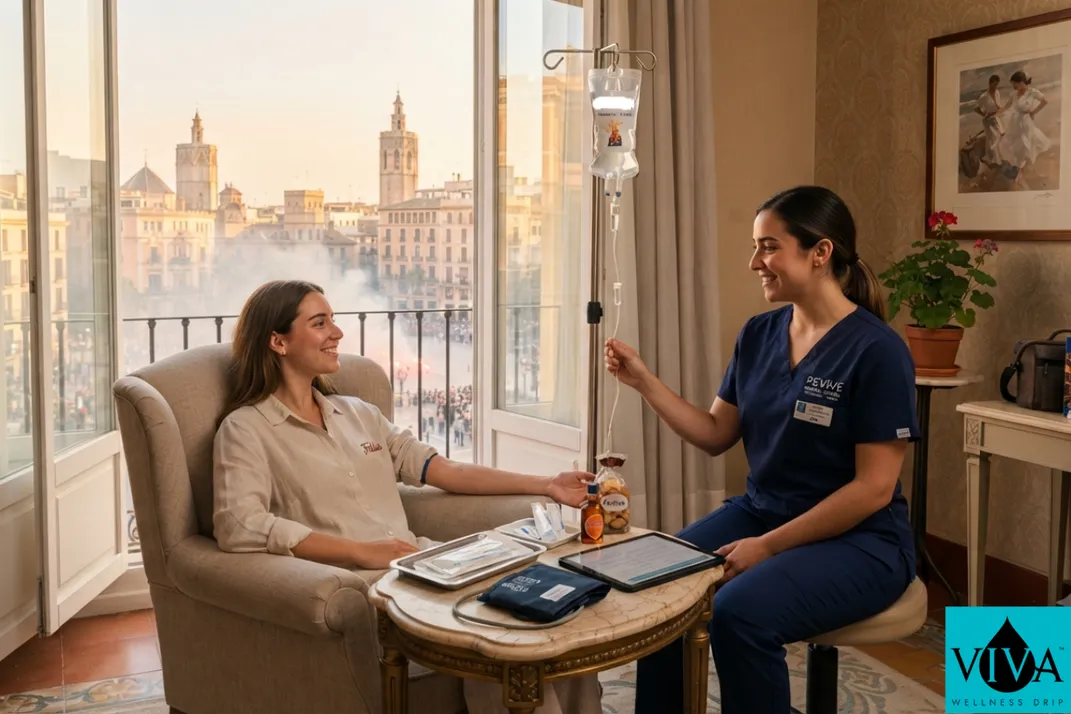 Mobile IV drip therapy session set up in a Valencia hotel room during Las Fallas festival week